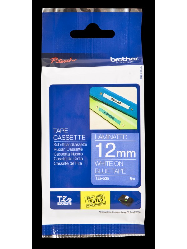 TZe-535 Brother Genuine Laminated Label, 12mm White on Blue