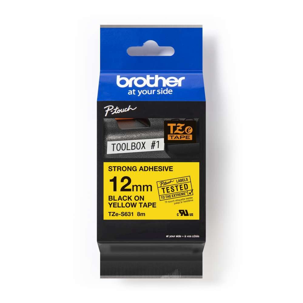 Brother TZe-S631 -Strong Adhesive- Black On Yellow Tape - 12mm